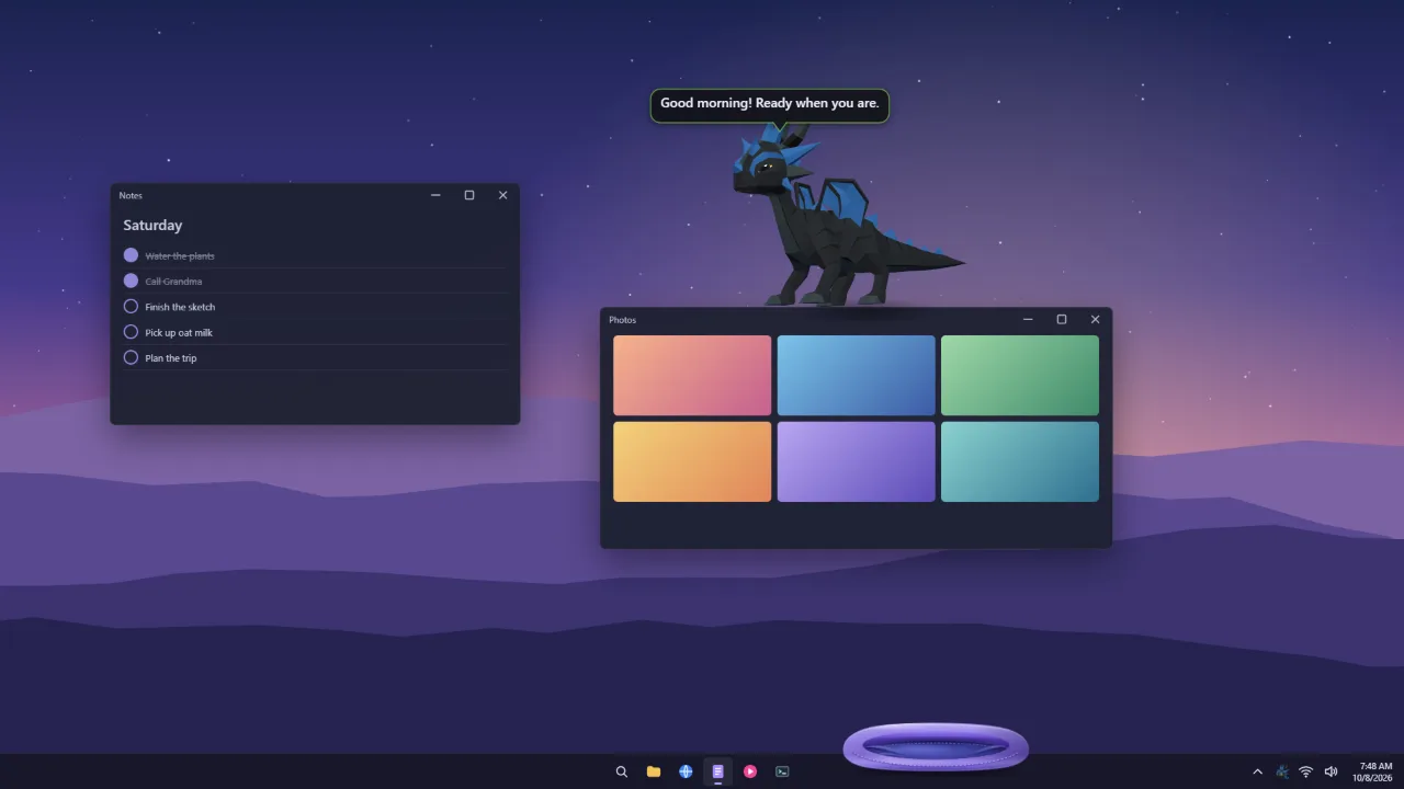 DragonPet greeting you from the top of a window on a Windows desktop
